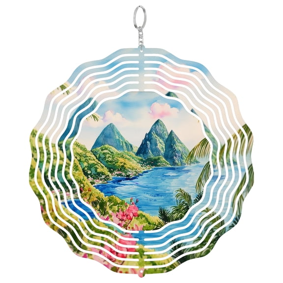 Saint Lucia Pitons View 3D Wind Spinner Kinetic Hanging Yard Art Tropical Garden Decor Caribbean Souvenir