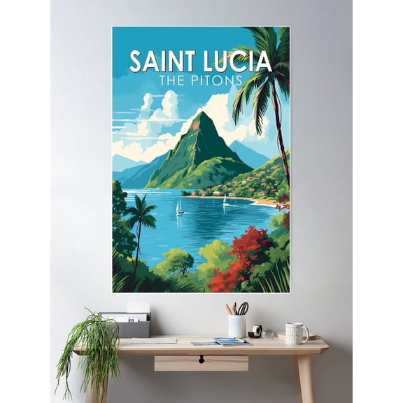 Saint Lucia The Pitons Travel Art Vintage Poster Wall Art, Modern Wall Decor For Living Room Bedroom, 16x24 UNFRAMED