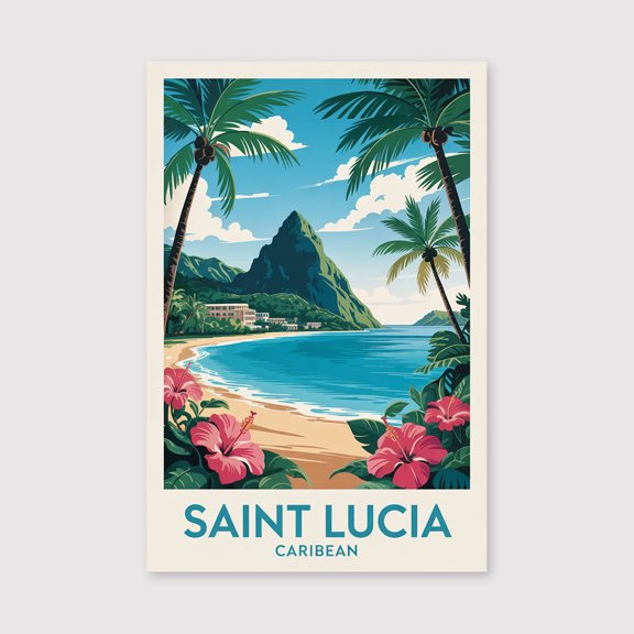 Saint Lucia Travel Canvas Caribbean Wall Art Island Coast Print Canvas Pitons View Illustration Tropical Decor Saint Lucia Canvas Souvenir-1WN644