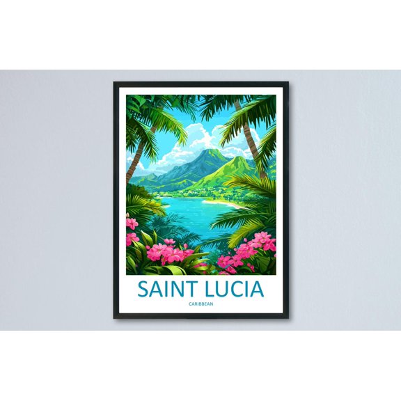 Saint Lucia Travel Caribbean Island Coast Pitons View Illustration Tropical Accent Saint Wall Decor Unframed Paper Print