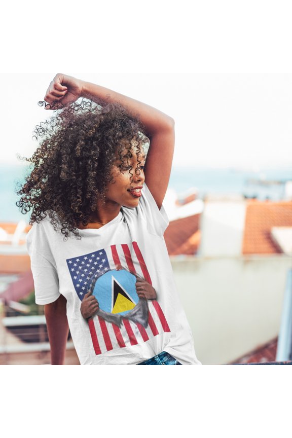 Saint Lucia + USA Flag T-shirt | St Lucian + American Flag Rip 4th Of July | Funny Latino Tees | 4 Colors