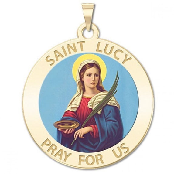 Saint Lucy Religious Medal Color - 1 Inch Size of a Quarter -Solid 14K Yellow Gold