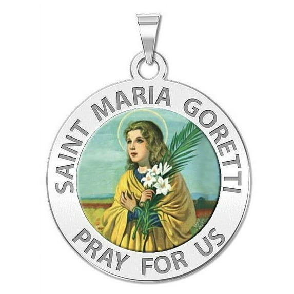 Saint Maria Goretti Religious Color Medal - 1 Inch Size of a Quarter in Solid 14K White Gold