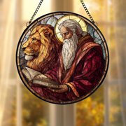Saint Mark Glass Suncatcher v2, Lion and Evangelist Window Art, Biblical Faith, 3.5 in