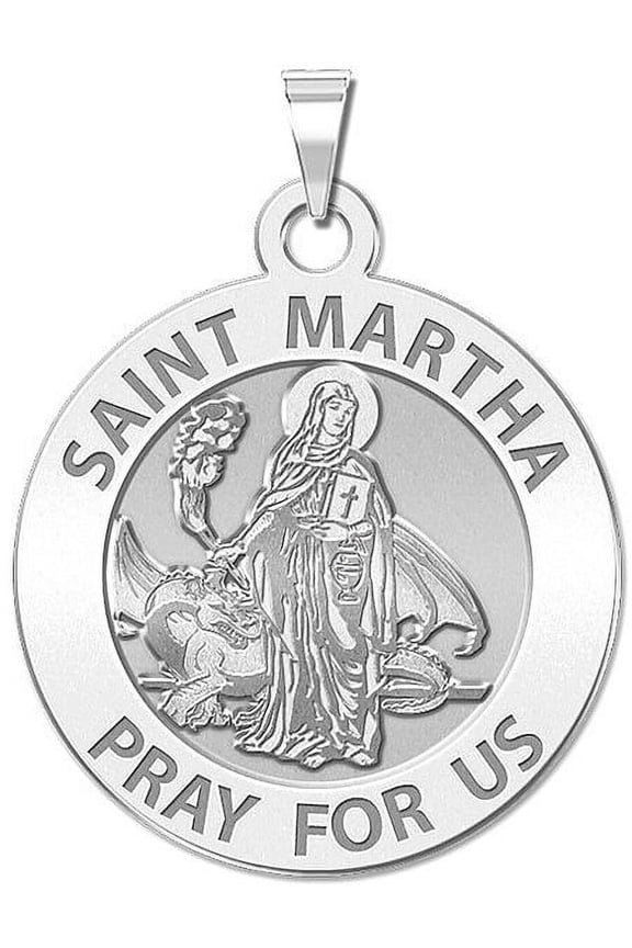 Saint Martha Religious Medal - 2/3 Inch Size of Dime, Solid 14K White Gold