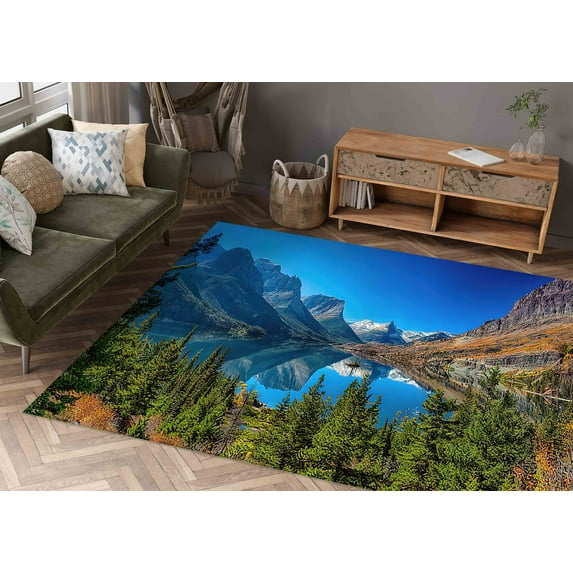 Saint Mary Lake and Wild Goose Island Rug, Landscape Rug, Wild Goose Island Rug, Office Decor Rugs, Nature View Rugs, Thick Rug, Home Decor, 2.6'x9.2' - 80x280 cm