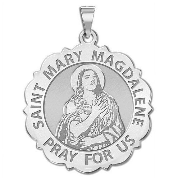 Saint Mary Magdalene Scalloped Religious Medal - 1 Inch Size of a Quarter in Solid 14K White Gold