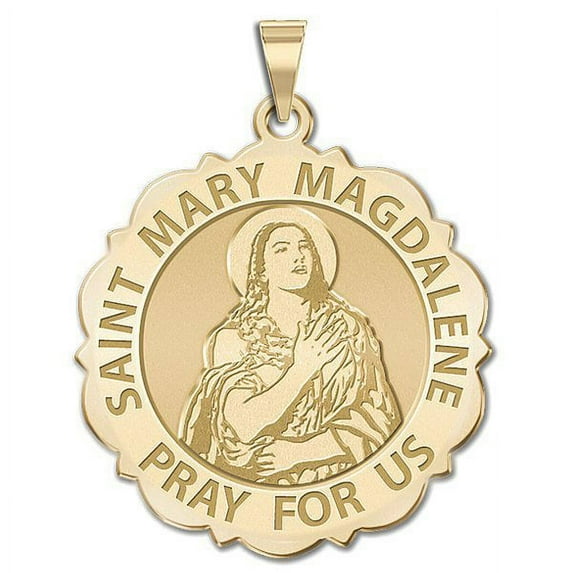 Saint Mary Magdalene Scalloped Religious Medal - 2/3 Inch Size of Dime, Solid 14K Yellow Gold