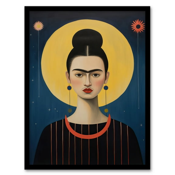 Saint Mexican Artist Woman Oil Painting Yellow Pink Blue Night Sky Stars Surreal Portrait Artwork Framed Wall Art Print A4