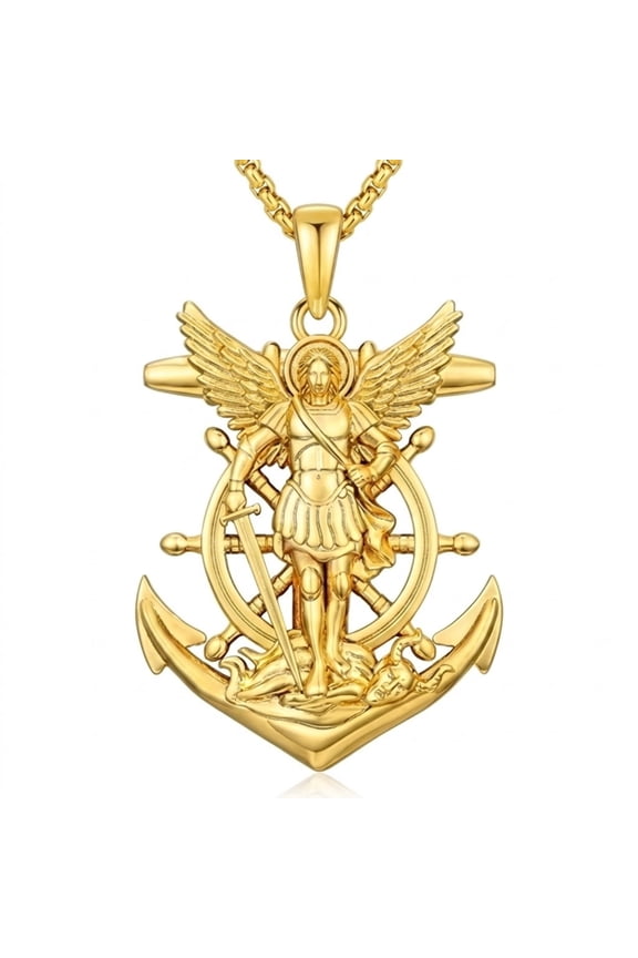 Patron Saint Necklace for Men, 14K Gold Plated St. Michael Medal, Protection Amulet Jewelry Gift