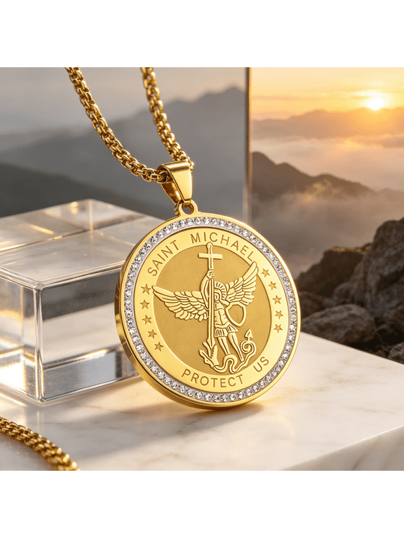 Saint Michael Archangel Knight Shield Medallion Pendant Necklace for Men, 14K Gold Filled Protective Statement Charm Jewelry