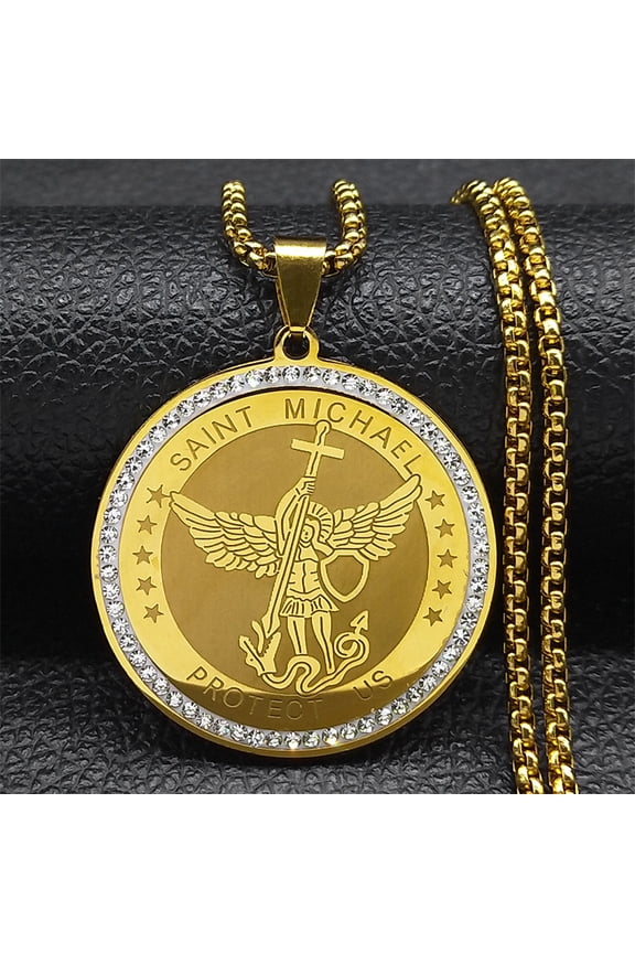 Saint Michael Archangel Medallion Necklace for Women Men 14K Yellow Gold Knight Shield Chain Jewelry colar
