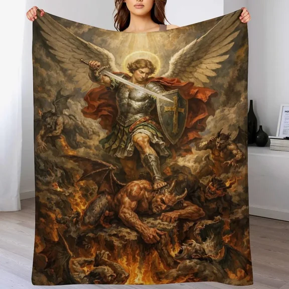 Saint Michael the Archangel Throw Blanket , Archangel Michael Protector Plush Blanket ,St. Michael Vanquishing Satan Blanket , Soft Flannel for Catholic Devotional & Warrior Faith Home Decor