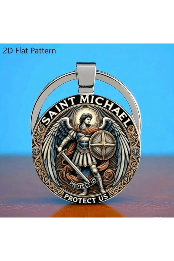 Saint Michael Defender Zinc Alloy Keychain - Exquisite 2D Battle Design, Engraved With 'Protect Us', Durable Men's Car Keychain, Easter, Father's Day, Birthday, And Anniversary Fashion Religious Gift