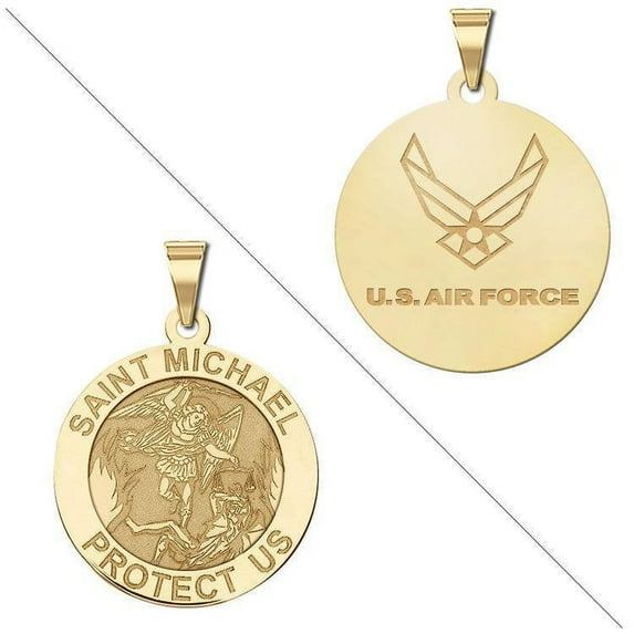 Saint Michael Doubledside AIR FORCE Religious Medal - 2/3 in Size of a Dime - Solid 14K Yellow Gold