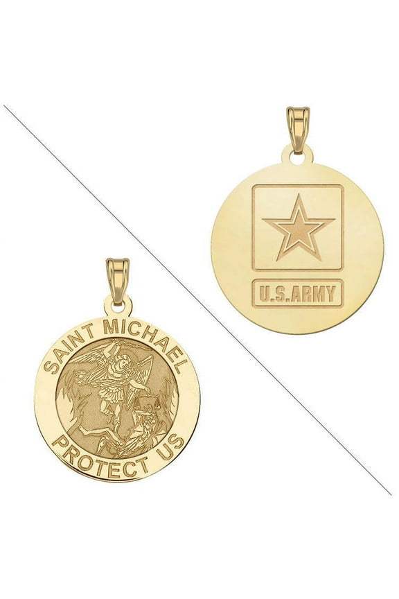 Saint Michael Doubledside ARMY Religious Medal - 3/4 Inch Size of a Nickel - Solid 14K Yellow Gold