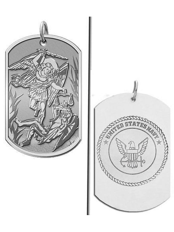 Saint Michael Doubledside NAVY Dogtag Religious Medal - 2/3 in x 1 in - Solid 14K White Gold