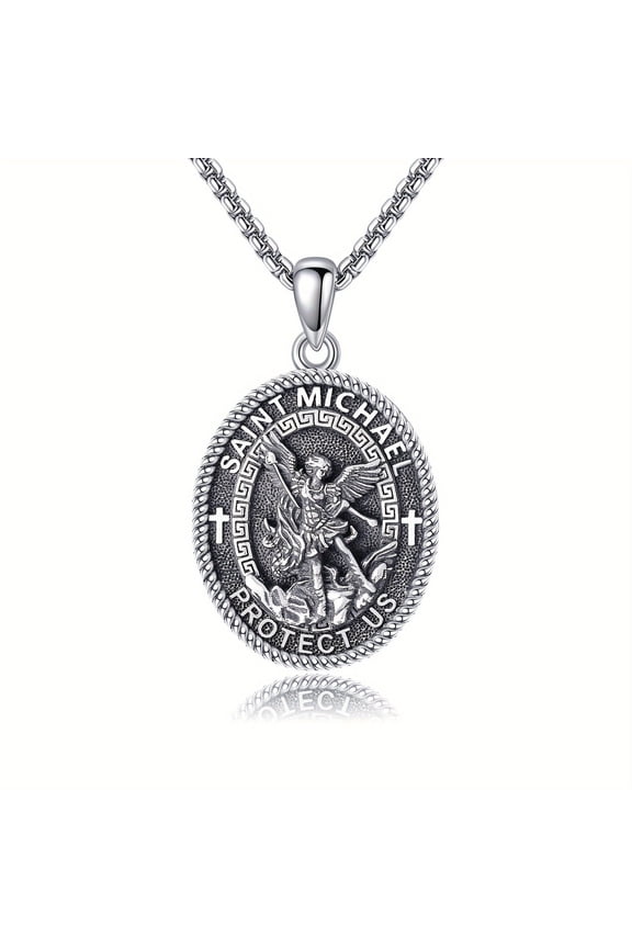 Saint Michael Medal Necklace 925 Sterling Silvery St Michael Pendant Necklace Religious Protector Jewelry Gift for Women Men