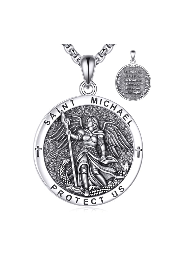 Saint Michael Necklace for Men Women 925 Sterling Silver St Michael Pendant Saint Protection Jewelry Religious Gifts for Family/Friends Patron St Michael Medals AmuletRound