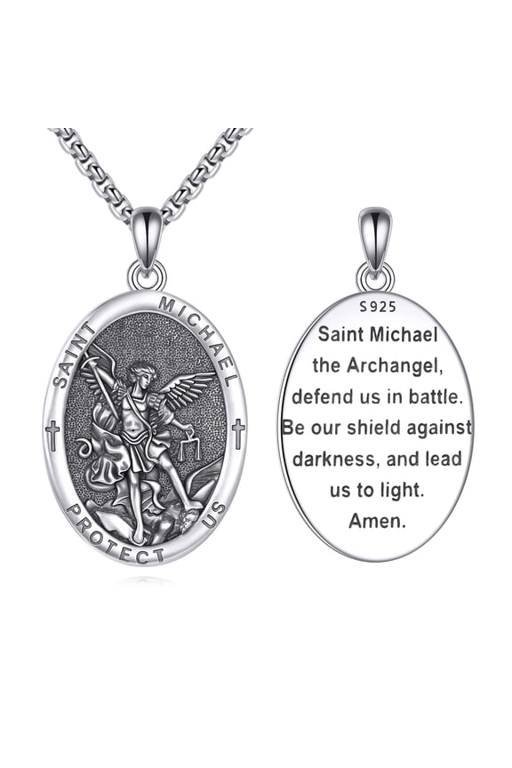 Saint Michael Necklace for Men Women 925 Sterling Silver St Michael Pendant Saint Protection Jewelry Religious Gifts for Family/Friends Patron St Michael Medals AmuletOval