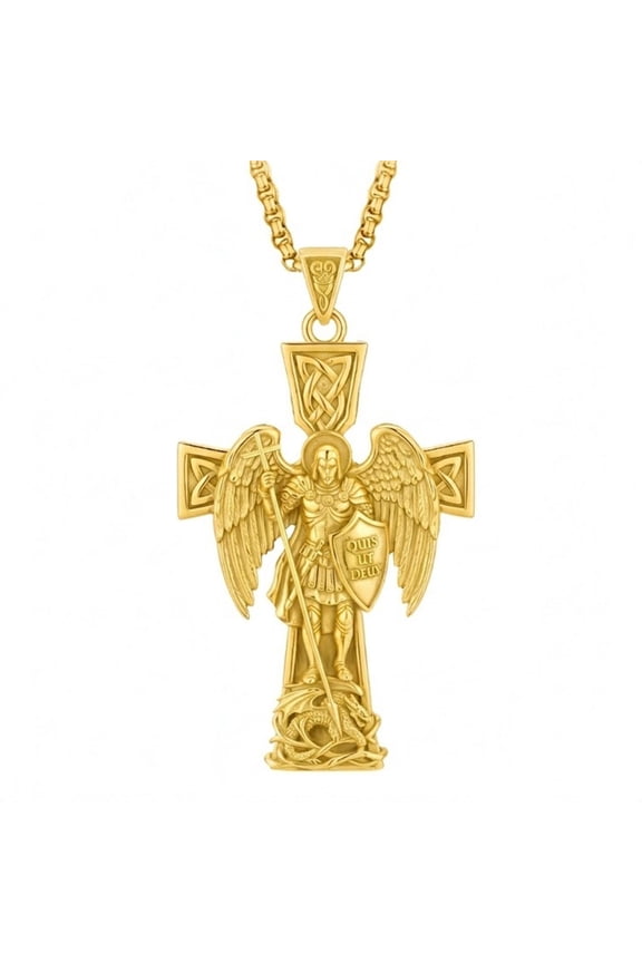 Saint Michael Necklace for Men Women, 14K Gold Plated Celtic Cross Pendant, Archangel Warrior Crusader Crucifix, Catholic Protection Jewelry Gift