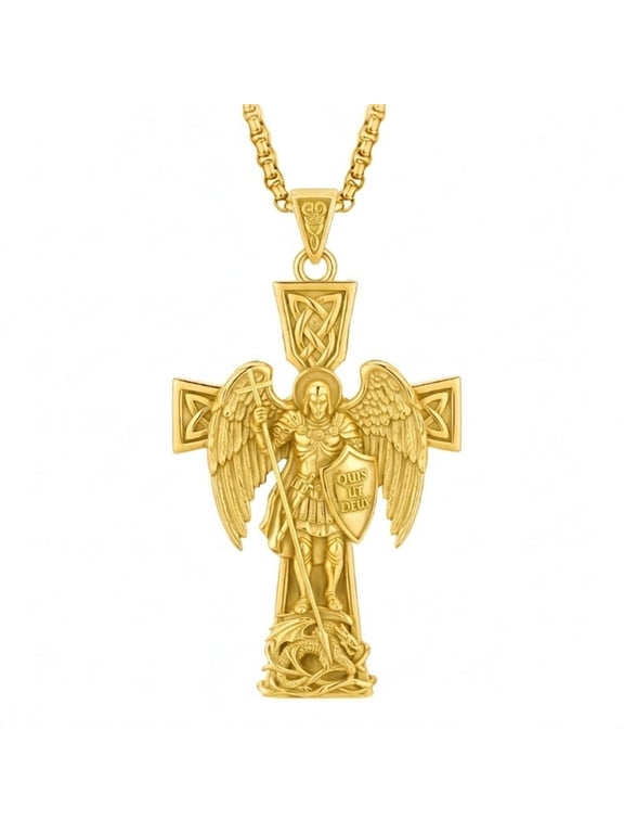 St. Michael Necklace for Men Women, 14K Gold Plated Celtic Cross Pendant, Archangel Warrior Crusader Crucifix, Catholic Protection Jewelry Gift