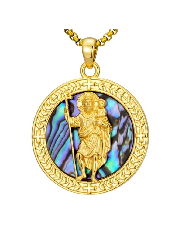 Saint Christopher Necklace, 14K Gold Plated Abalone Shell Catholic Patron Saint Medal Jewelry Gift