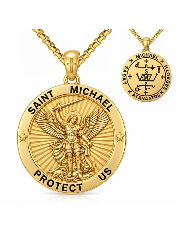 St Michael Necklace for Men, 14K Gold Plated Saint Michael Archangel Medal Pendant, Catholic Religious Jewelry Gift