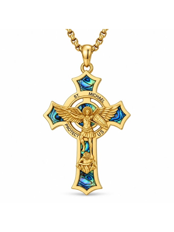 St. Michael Necklace for Men Women, 14K Gold Plated Abalone Shell Inlay Crucifix Pendant, Archangel Warrior Protection Jewelry Gift