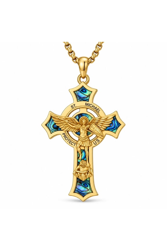 St. Michael Necklace for Men Women, 14K Gold Plated Abalone Shell Inlay Crucifix Pendant, Archangel Warrior Protection Jewelry Gift