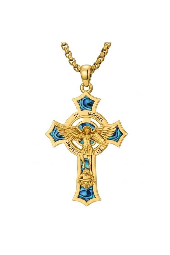 St. Michael Necklace for Men Women, 14K Gold Plated Abalone Shell Inlay Crucifix Pendant, Archangel Warrior Protection Jewelry Gift