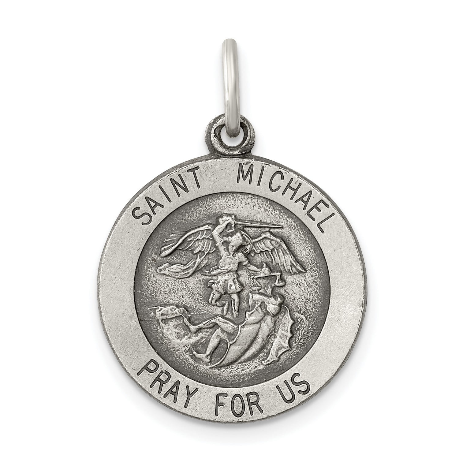 JEWELRY STORES NETWORK Saint Michael Pray For Us Words Round Charm Medal in Antiqued 925 Sterling Silver 25 mm x 20 mm