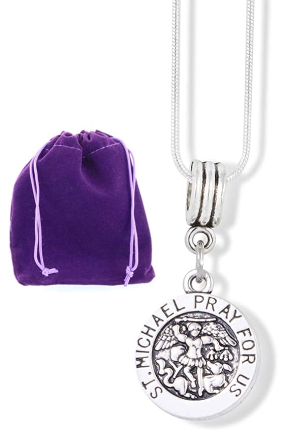 Saint Michael Pray for Us Round Charm Snake Chain Necklace