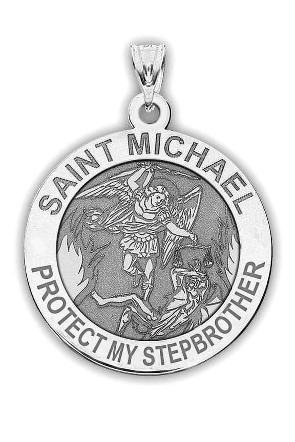 Saint Michael - Protect My StepBrother - Religious Medal - 2/3 inch Size of Dime, Solid 14K White Gold