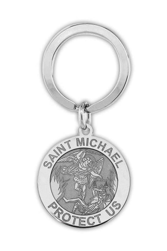 Saint Michael Religious Engravable Keychain - 1 Inch X 1 Inch Round - Sterling Silver