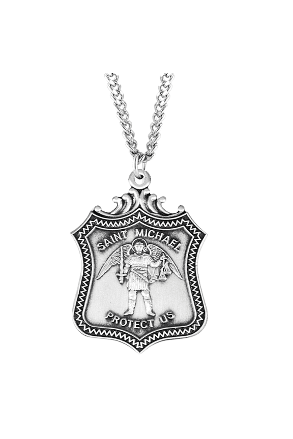 Saint Michael Sterling Silver Badge Medal, 24" Rhodium Plated Stainless Steel Chain, Patron Saint of Police & Law Enforcement, Deluxe Gift Box