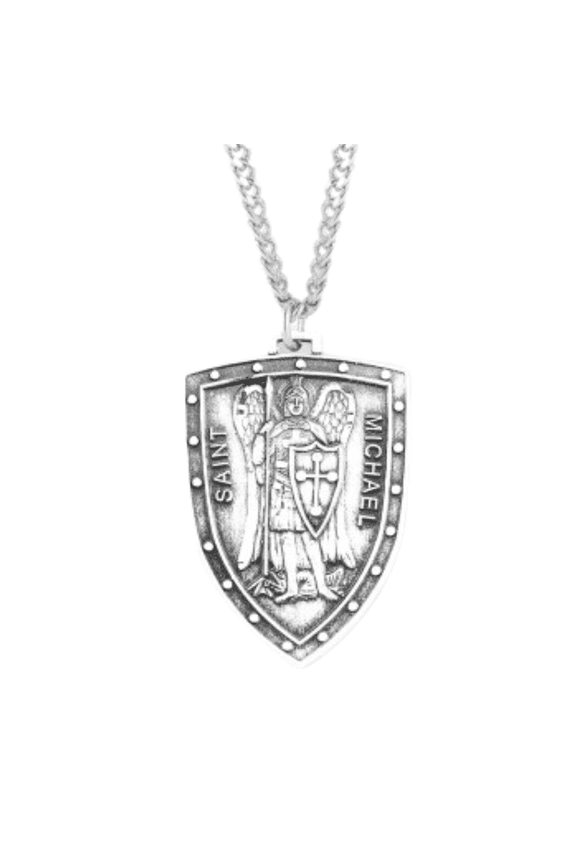 Saint Michael Sterling Silver Shield Medal, 24" Rhodium Plated Stainless Steel Chain, Deluxe Gift Box, Patron Saint of Police, Law Enforcement