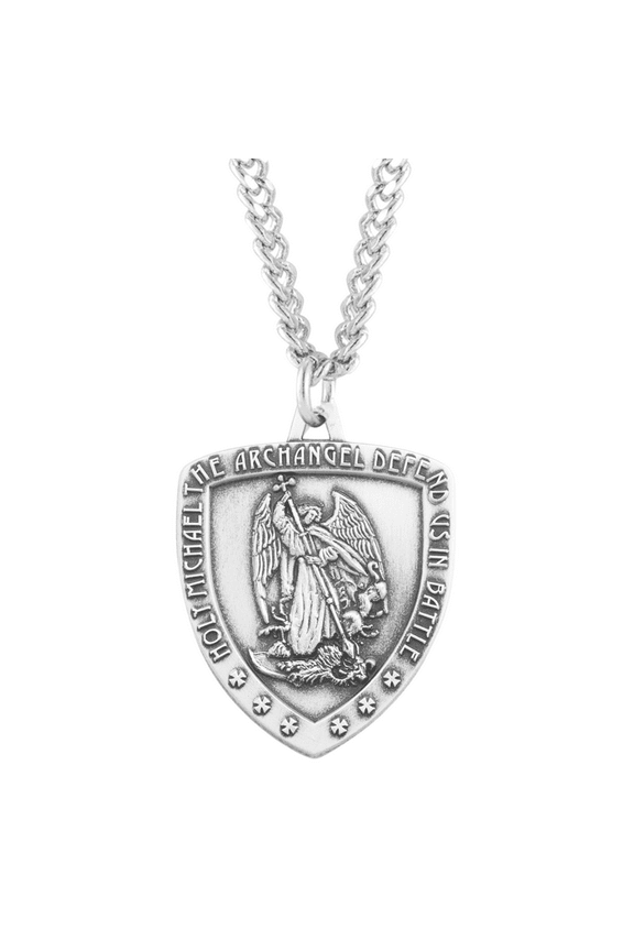 Saint Michael Sterling Silver Shield Medal, Patron Saint of Police & Law Enforcement, 24" Rhodium Plated Stainless Steel Chain, Deluxe Gift Box