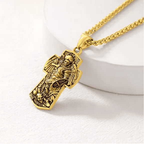 Saint Michael The Archangel Necklace 14K Yellow Gold Golden Color Catholic Amulet Gift St. Michael Cross Pendant for Men Women
