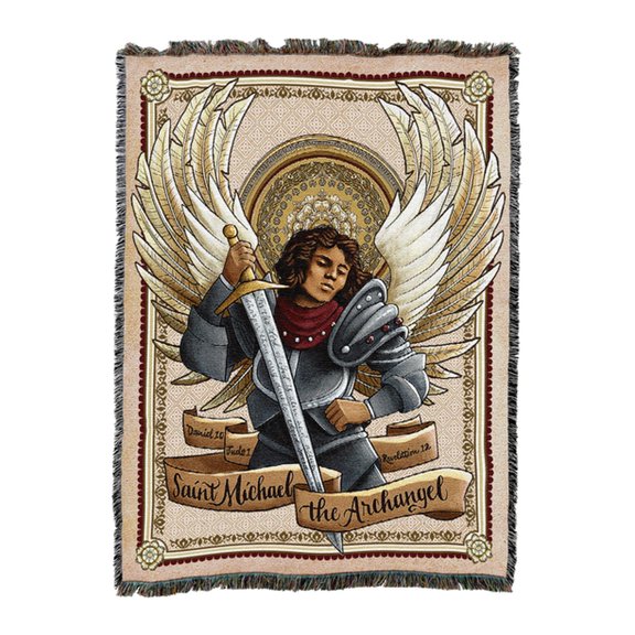 Saint Michael The Archangel Woven Throw Blanket, 100% Cotton, Fringed Edges