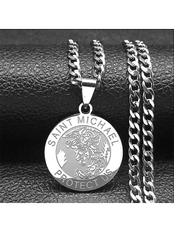 Saint Michael Warrior Dragon Totem Medallion Pendant Necklace for Men, 14K White Gold Filled Amulet Statement Charm Jewelry