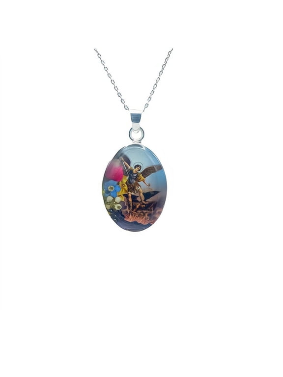 Saint Michael the Archangel Small Oval Pendant Necklace w/ Pressed Flowers 18-inch