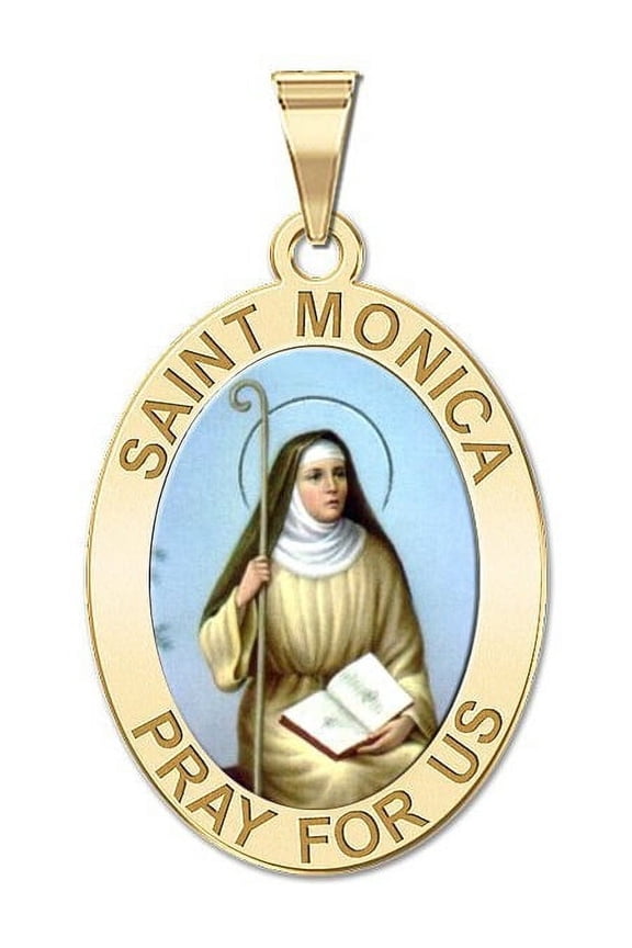 Saint Monica Oval Religious Color Medal  - 1/2 X 2/3 Inch Size of Dime, Solid 14K Yellow Gold