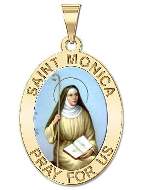 Saint Monica Oval Religious Color Medal - 3/4 X 1 Inch Size of a Quarter -Solid 14K Yellow Gold