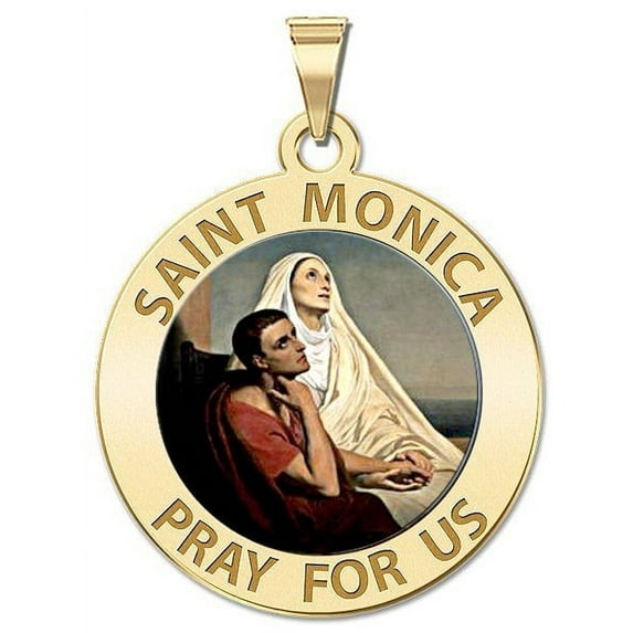 Saint Monica W/ Her Son Saint Augustine Religious Medal Color 2/3 Inch Size of Dime, Solid 14K Yellow Gold