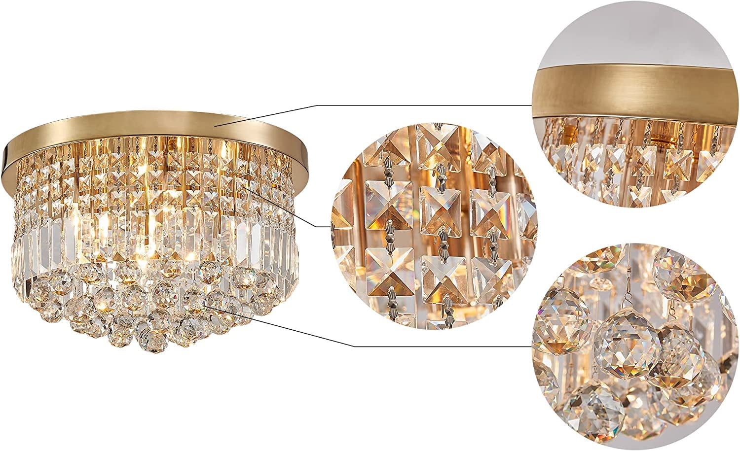 Saint Mossi Modern K9 Crystal Raindrop Chandelier Lighting, Flush Mount Ceiling Light, Perfect for Dining Room Bathroom Bedroom Livingroom, 9 x E12 Bulbs, H11 x D20, Clear Crystal & Brass Canopy