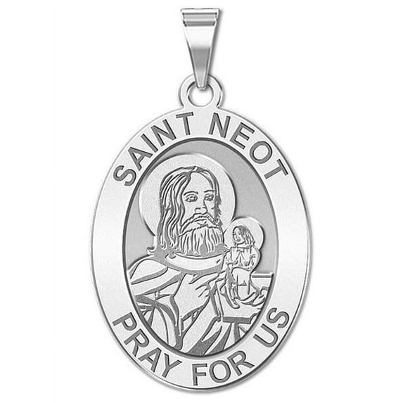 Saint Neot OVAL Religious Medal - 3/4 Inch X 1 Inch -Solid 14K White Gold