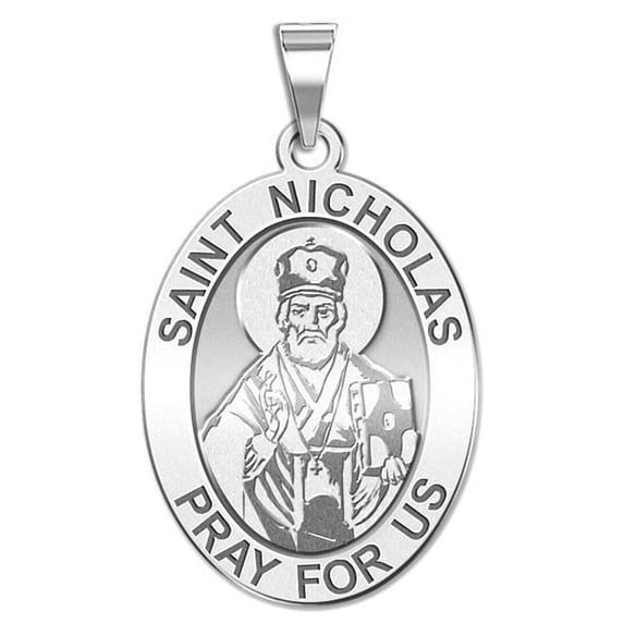 Saint Nicholas OVAL Religious Medal - 3/4 Inch X 1 Inch in Sterling Silver