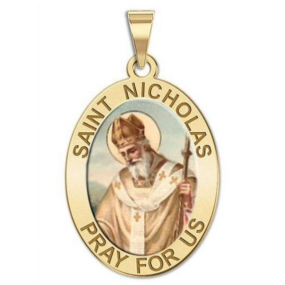 Saint Nicholas OVAL Religious Medal Color - 1/2 X 2/3 Inch Size of Dime, Solid 14K Yellow Gold