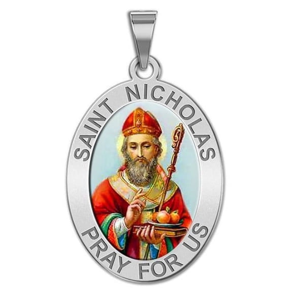 Saint Nicholas OVAL Religious Medal Color - 3/4 Inch X 1 Inch in Sterling Silver